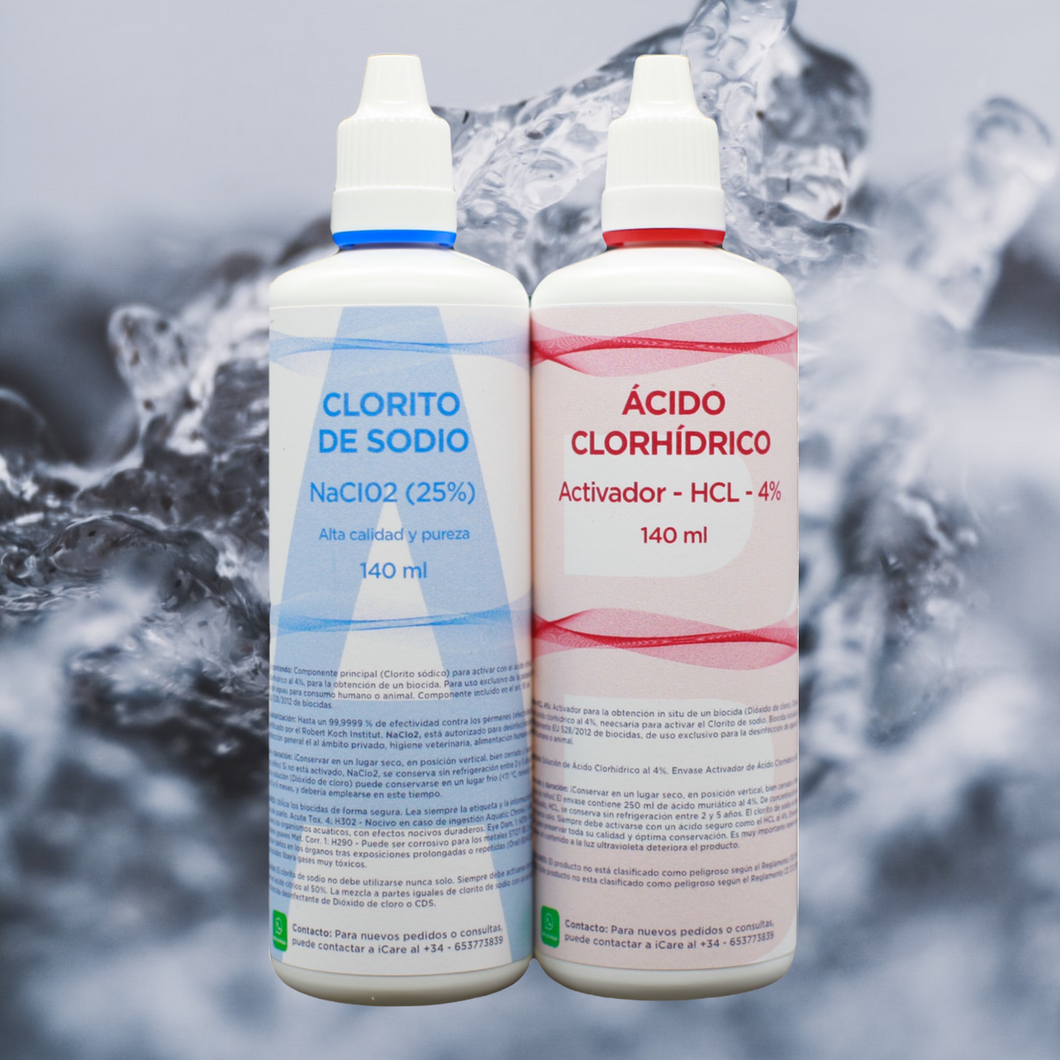 Kit Clorito de Sodio 25% (140 ml) + Ácido Clorhídrico HCL4% (140 ml) - MMS